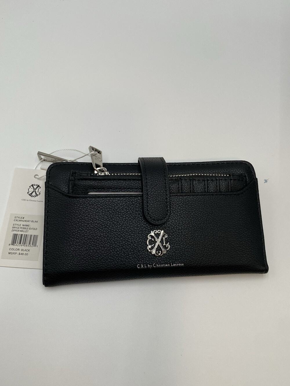 NWT CXL by Christian Lacroix Bryce Pebble ID Fold Zipper Wallet Black $48 FLAW